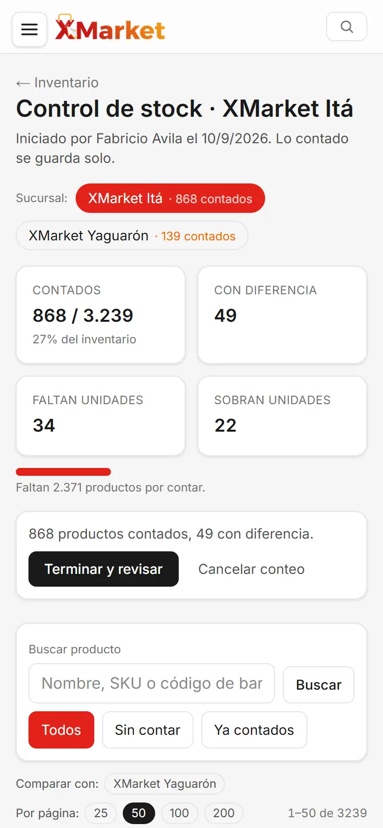 Control de stock: contados, con diferencia, faltan y sobran