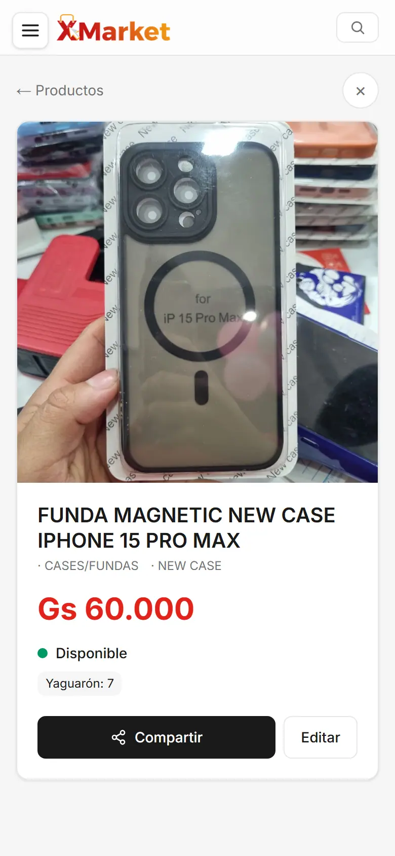 Ficha de producto con foto, precio y stock, botón Compartir y el chat de WhatsApp donde llega