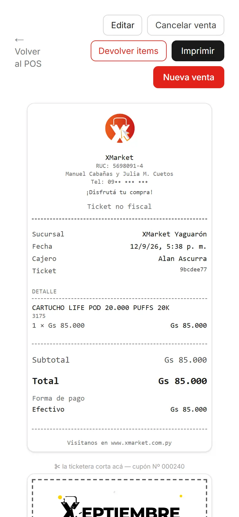 Ticket de venta con logo, detalle, total y cupón de sorteo
