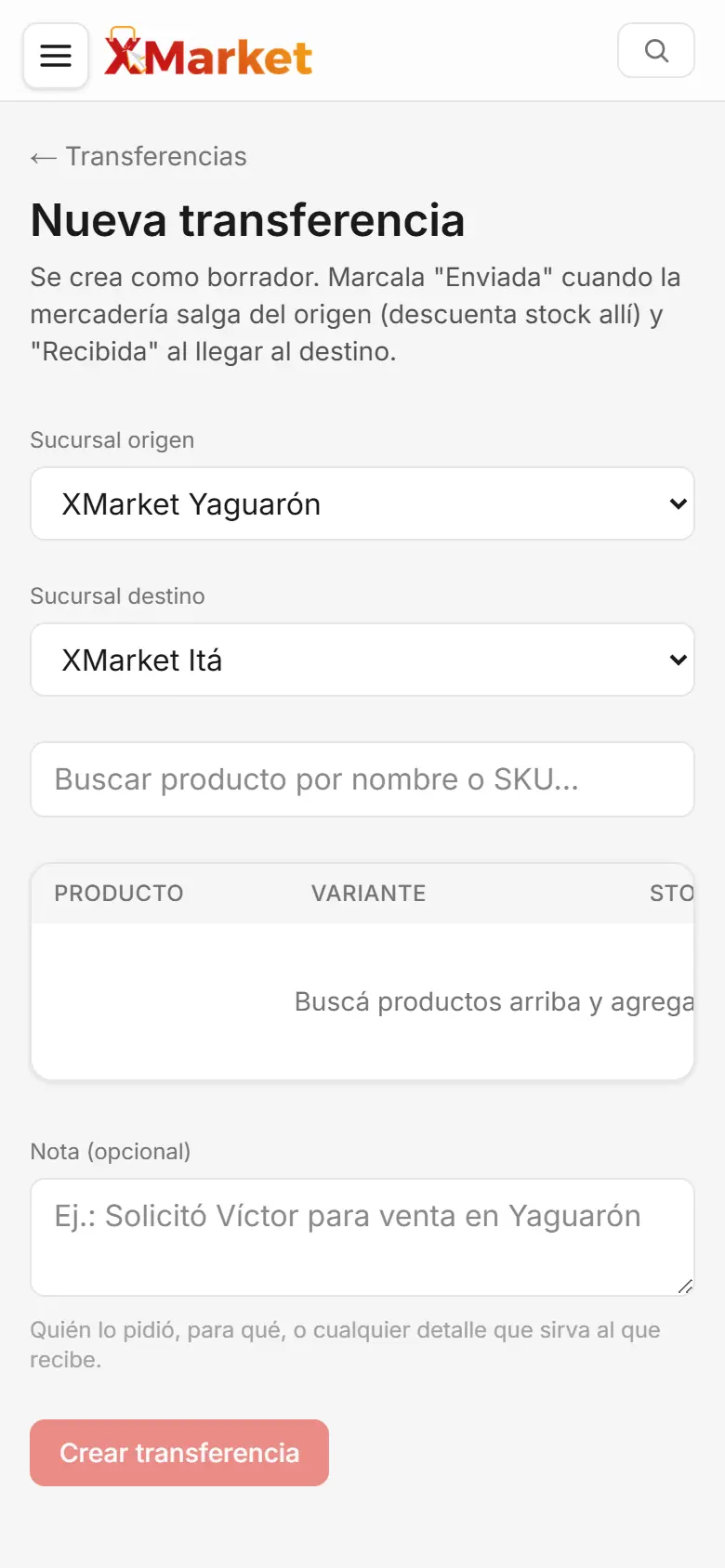 Nueva transferencia entre sucursales con productos y stock de origen