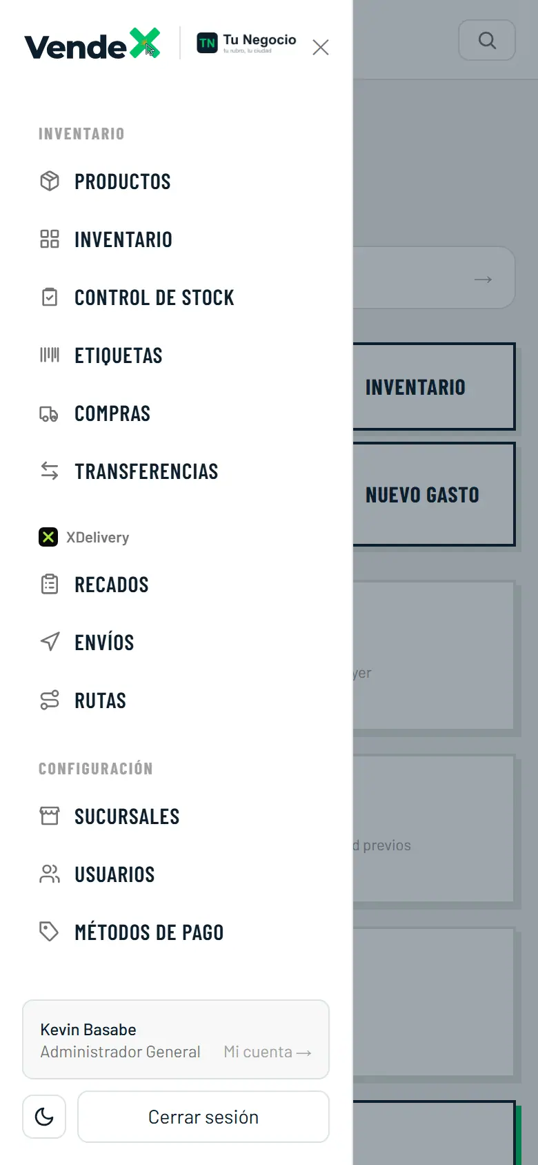 Menú de VendeX con la sección de reparto: recados, envíos y rutas