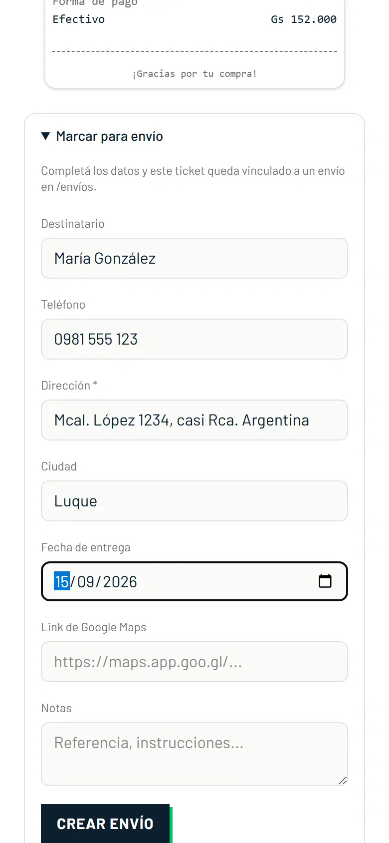 Formulario de envío dentro del ticket de venta: destinatario, teléfono, dirección, ciudad y fecha de entrega